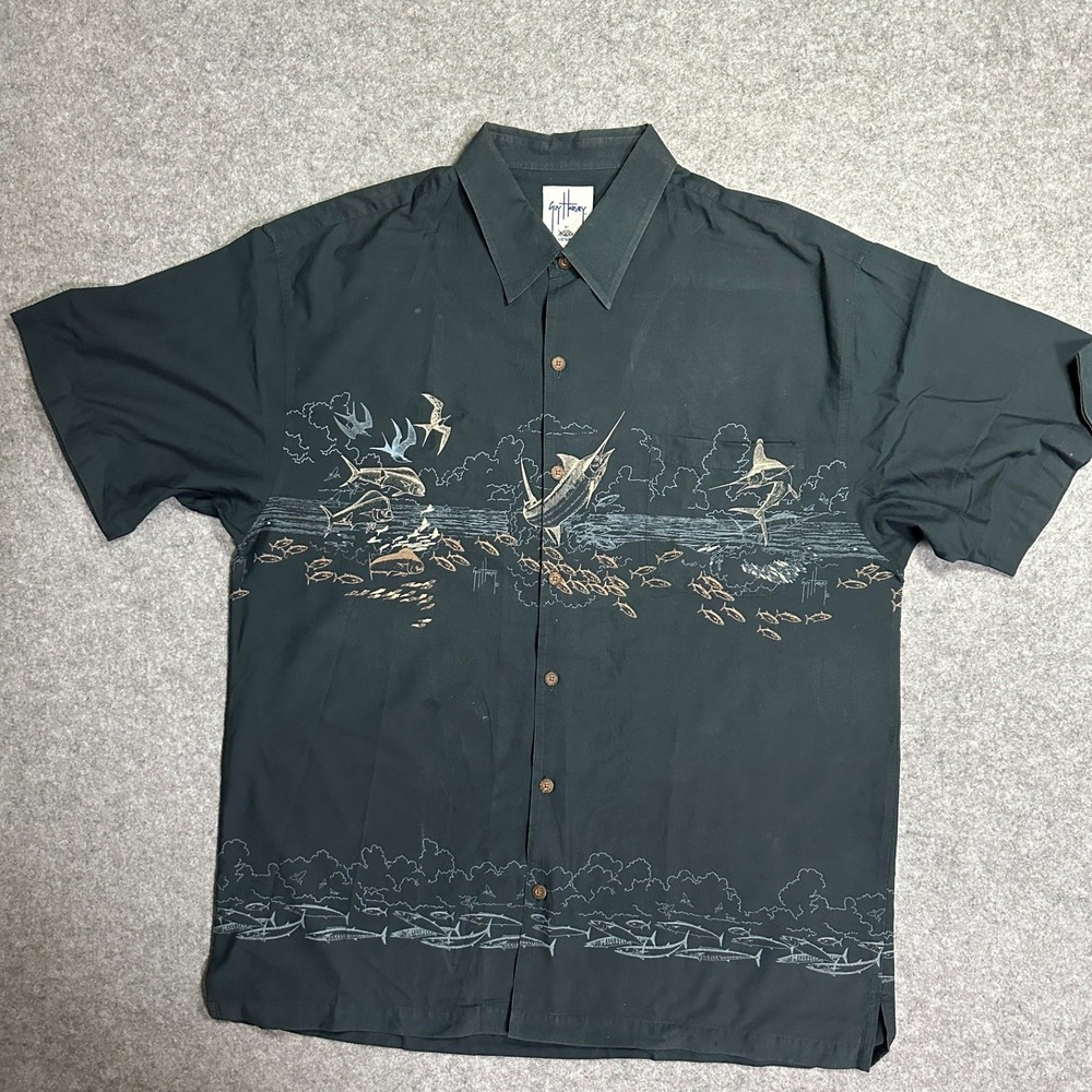 Guy Harvey AFTCO Bluewater Button Down Shirt 2X Black Marlin Tuna Print Cotton